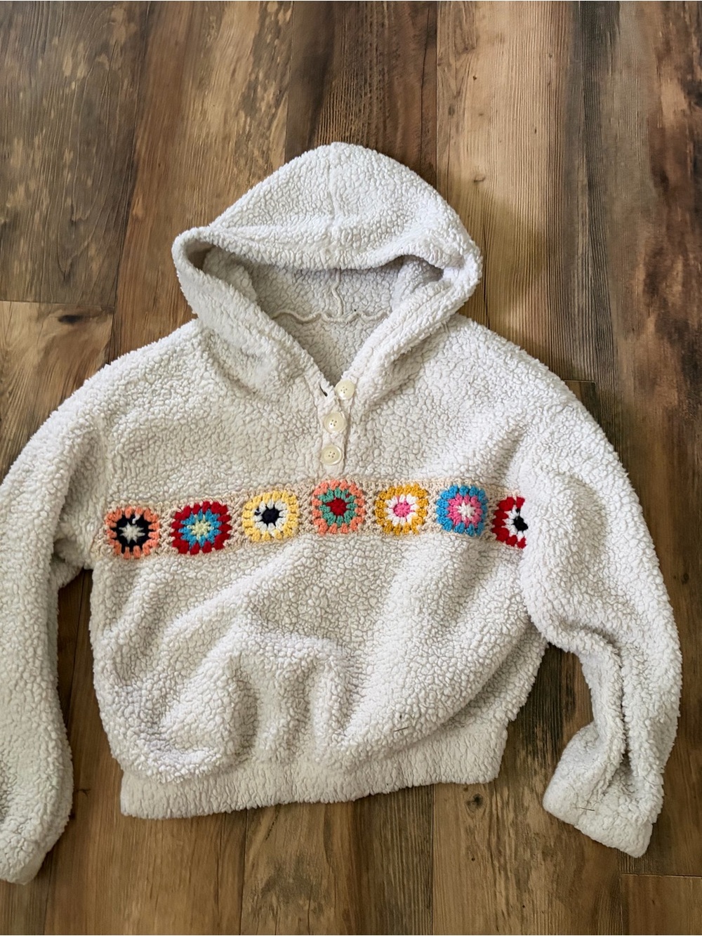 Cider Cream Sherpa Hoodie with Multicolor Crochet Row